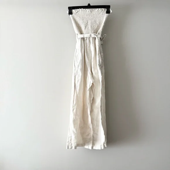 Faithfull The Brand Lais Linen Smocked Belted Jumpsuit in Ecru sz US 2